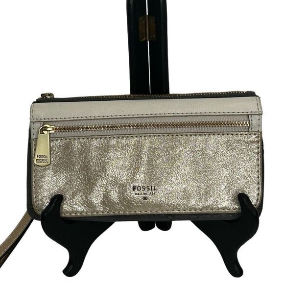 NWOT Fossil Preston Wristlet Wallet 7"x 4" Gold Metallic Leather Color-block - Picture 2 of 10